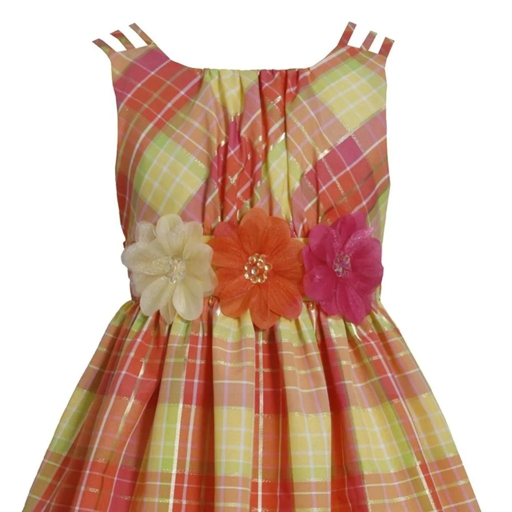 Bonnie Jean Girls‎ Plaid Flower Applique Formal Dress Size 4T Coral Party Spring